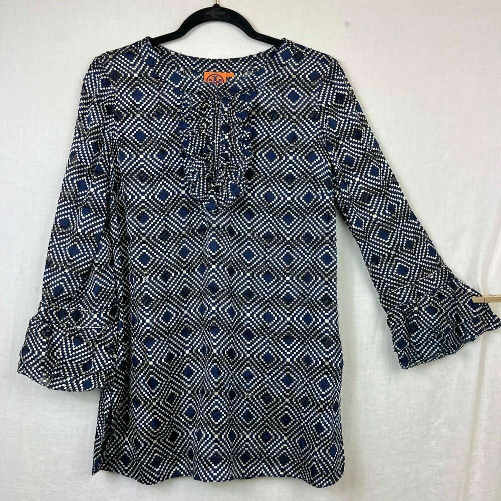Tory Burch Gwenna Tunic Blouse Womens 8 Silk Blend 3/4 Sleeve Ruffle Silk‎ Blend